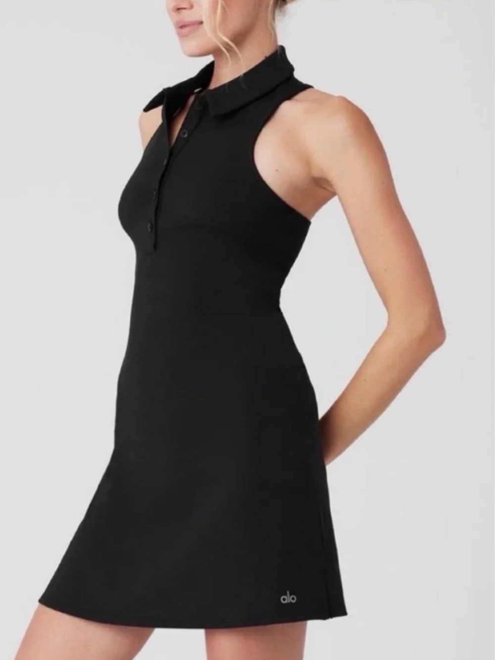 ALO YOGA Charmed Point Collar Sleeveless Tennis Dress In Black